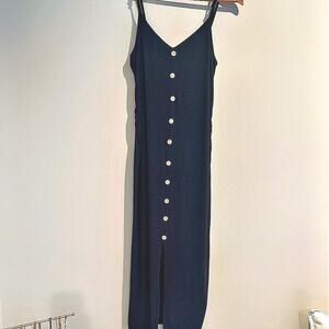 Black Ribbed Sleeveless Stretchy Midi Dress Size Large Tan Buttons Straps